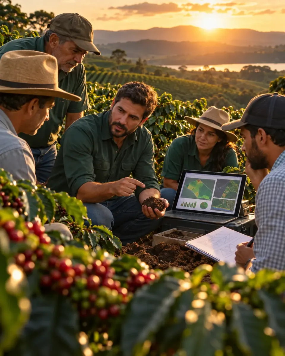 Grupo de produtores e técnico analisando solo e dados em uma lavoura de café ao pôr do sol
