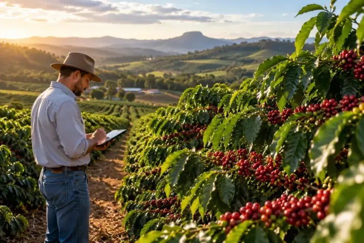 Produtor caminhando entre fileiras de café carregado, anotando em um tablet