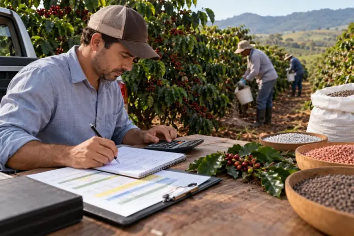 Produtor calculando doses de adubo com calculadora e planilhas, com amostras de fertilizantes na mesa