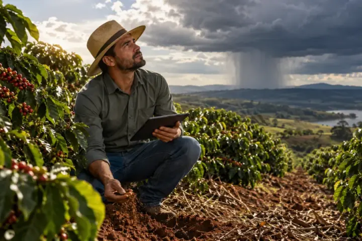 Produtor agachado na lavoura olhando para nuvens de chuva no horizonte