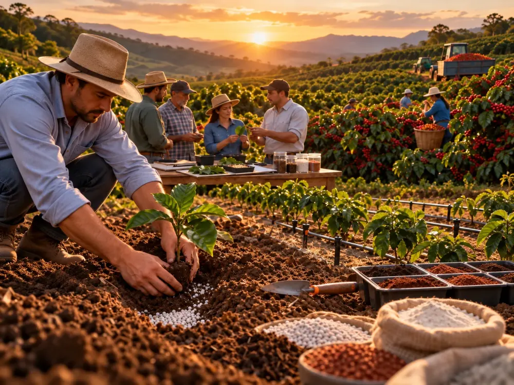 Produtores e técnicos plantando mudas de café e preparando adubação na lavoura ao pôr do sol